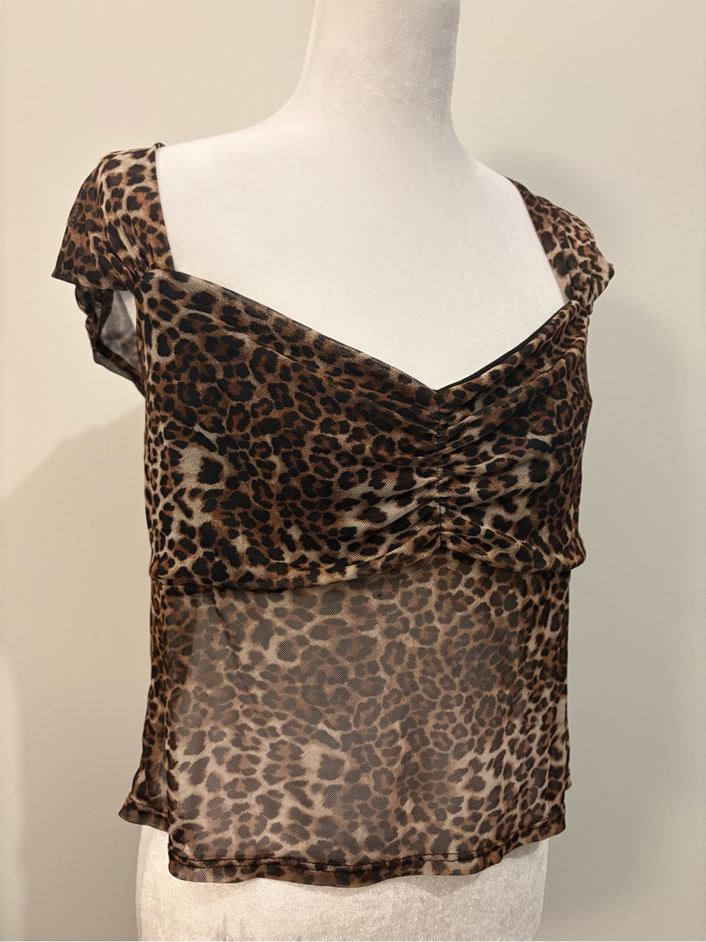Leopard Mesh Ruched Cowl Neck Y2K Going Out Top